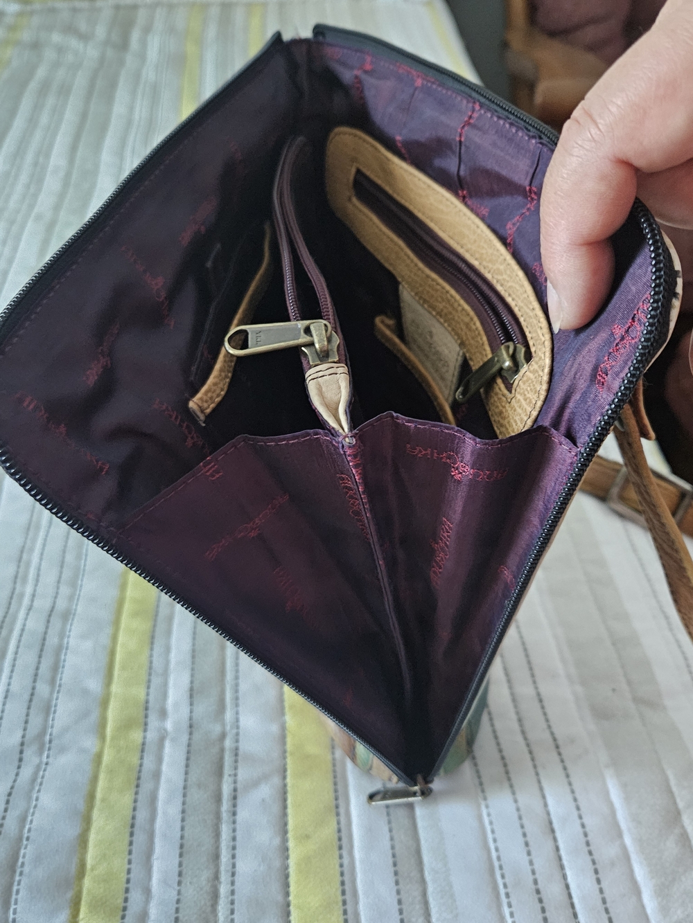 Anuschka Hand-Painted Peacock Feather Leather Crossbody in Teal, Blue, Purple - Picture 11 of 13